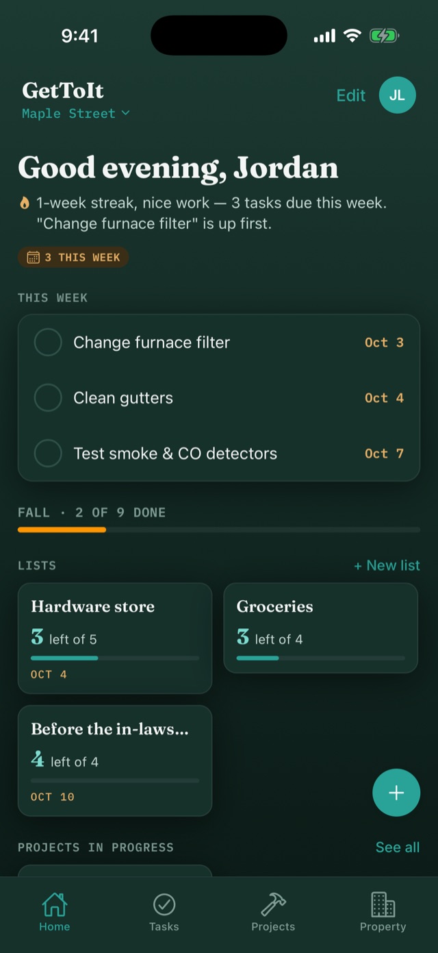 The GetToIt home screen: a greeting, three tasks due this week, fall progress, and shared lists.