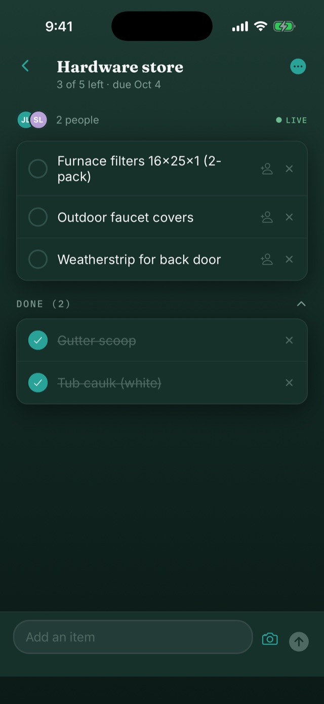 A shared hardware store list with two people on it, updating live.