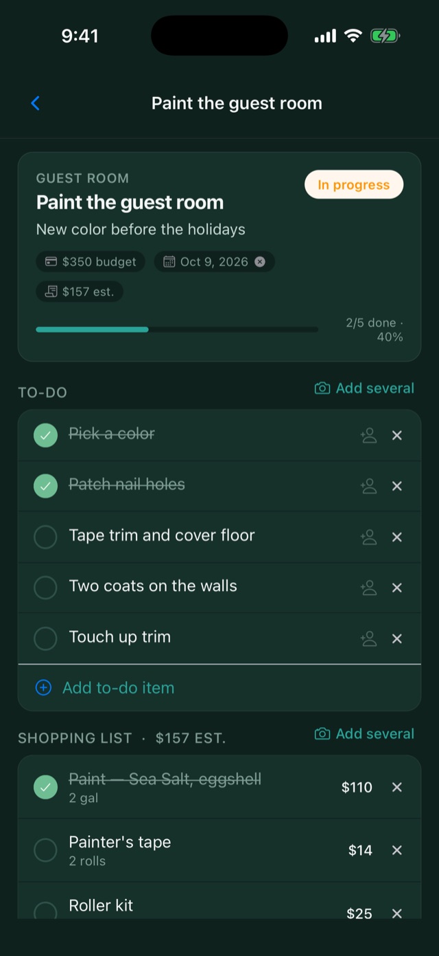 A painting project with steps, a budget, and a shopping list.