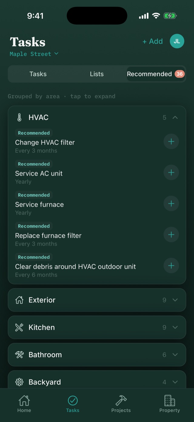 Recommended tasks grouped by area, each one tap to add.