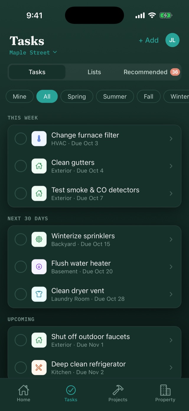 Tasks sorted into this week, the next 30 days, and upcoming.